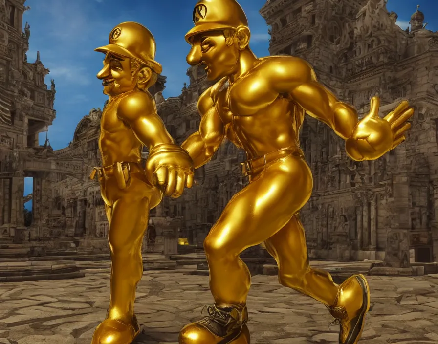 Image similar to golden statue of mario with muscle body like a giga chad, beautiful texture, beautiful graphics, fantasy artwork, very beautiful scenery, hd, hdr, ue 5, ue 6, unreal engine 5, cinematic 4 k wallpaper, 8 k, ultra detailed