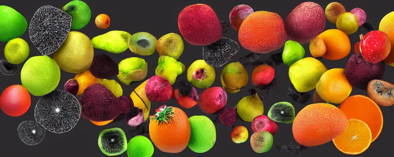 Prompt: spores and mold on a colorful fruit, ultra realistic with black background. shiny. octane rendering. isometric. volume. global illumination. AES