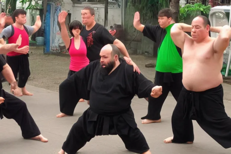 Prompt: 6 0 0 pound dwarf doing kung fu practice in the matrix