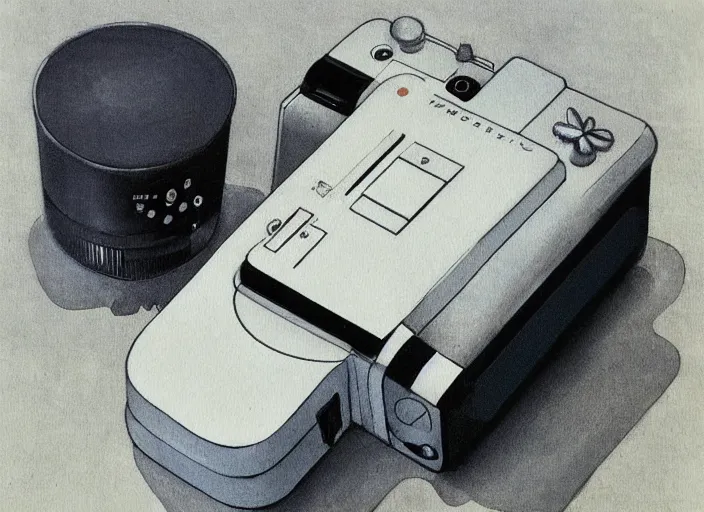 Prompt: painting by Hiroshi Yoshida of rangefinder camera designed by Dieter Rams, Naoto Fukasawa