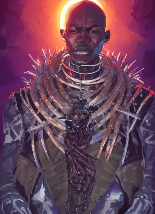 Prompt: highly detailed digital painting of afrofuturistic wakandan scientist cybernetic voodoo priest, masculine and sinister, 2 d game fanart behance hd by jesper ejsing, by rhads, makoto shinkai and lois van baarle, ilya kuvshinov, rossdraws, dramatic sunset, global illumination, radiant light, detailed and intricate environment