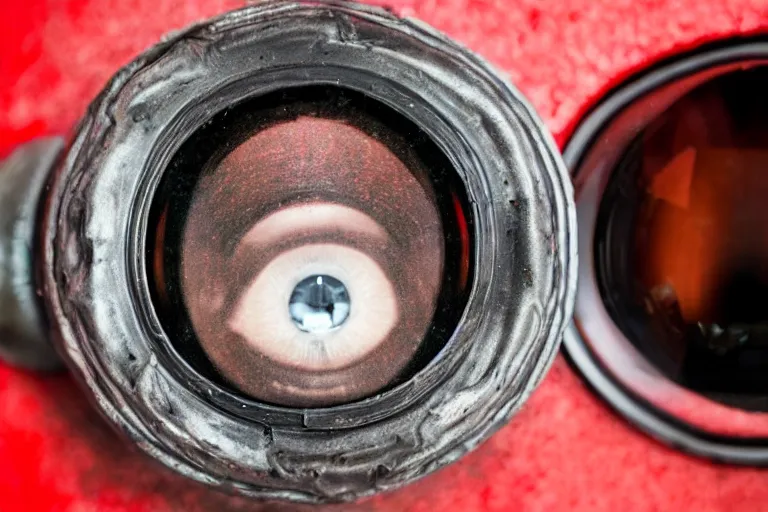 Image similar to a man in a metal mask with red cloak in full armor staring at you through a door peephole. fisheye lense