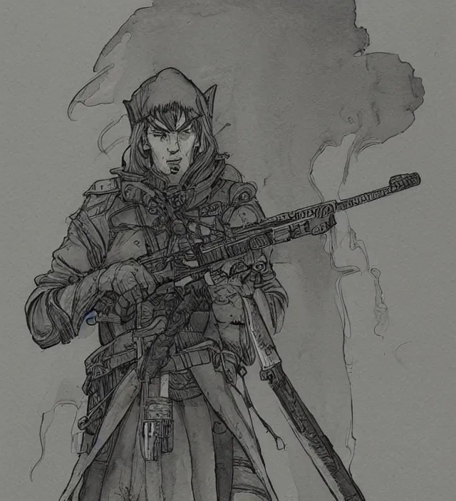 Image similar to a watercolor ink painting of an elven sniper in the style of jean giraud in the style of moebius trending on artstation deviantart pinterest detailed realistic hd 8 k high resolution