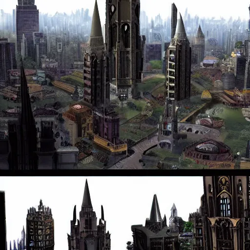 Image similar to fictional city in south america with gothic architecture inspired by gotham city, very details