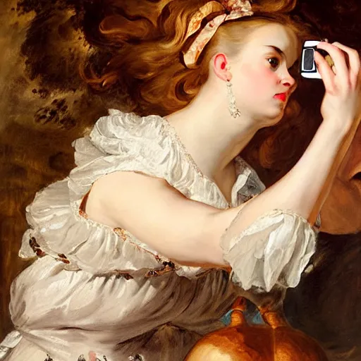 Image similar to heavenly summer sharp land sphere scallop well dressed lady taking a selfie with her iphone auslese, by peter paul rubens and eugene delacroix and karol bak, hyperrealism, digital illustration, fauvist, iphone