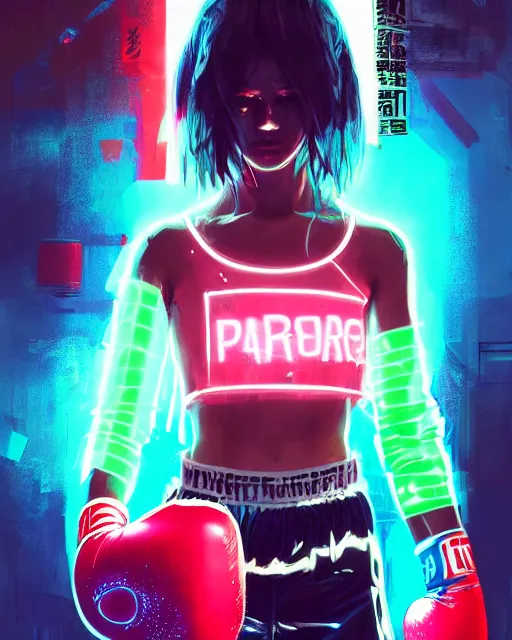 Image similar to detailed portrait Neon boxer Girl, cyberpunk futuristic neon, reflective crop top and shorts, boxing gloves, decorated with traditional Japanese ornaments by Ismail inceoglu dragan bibin hans thoma greg rutkowski Alexandros Pyromallis Nekro Rene Maritte Illustrated, Perfect face, fine details, realistic shaded, fine-face, pretty face