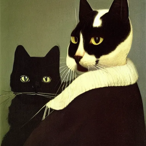 Image similar to portrait of a cat in a tuxedo by jan vermeer