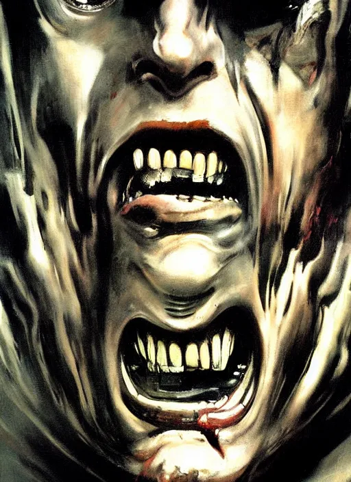 Image similar to saul goodman, screaming, painting by phil hale, giger,'action lines '!!!, graphic style, visible brushstrokes, motion blur, blurry