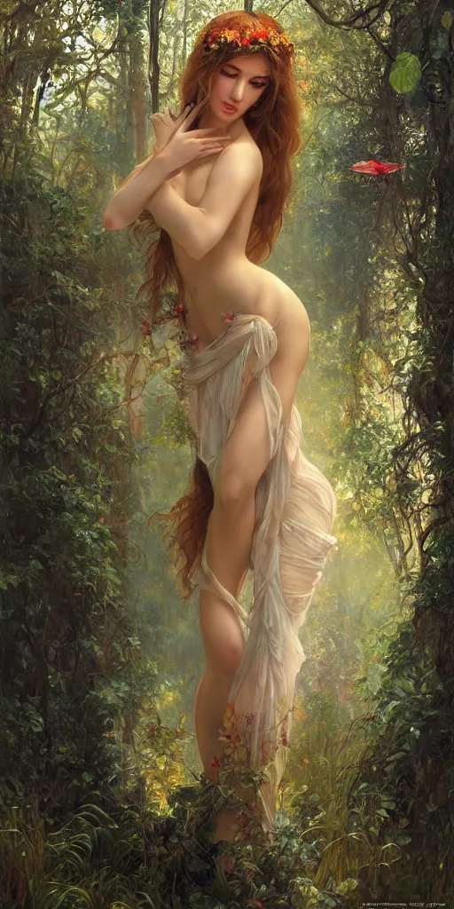 Prompt: only one beautiful young nymph in an artistic pose covered in lace intricate translucent loosen cloths wandering in a dense forest with meadows, highly detailed cinematic digital by artgerm, wlop, by boris vallejo, by alphonse mucha painting