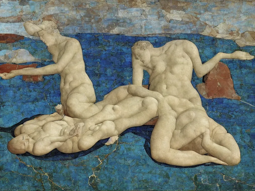 Image similar to broken, ruined marble greek sculpture of daphne lying in the waters. lapis - lazuli, turquoise, malachite, cinnabar, earth brown. painting by piero della francesca, balthus, agnes pelton