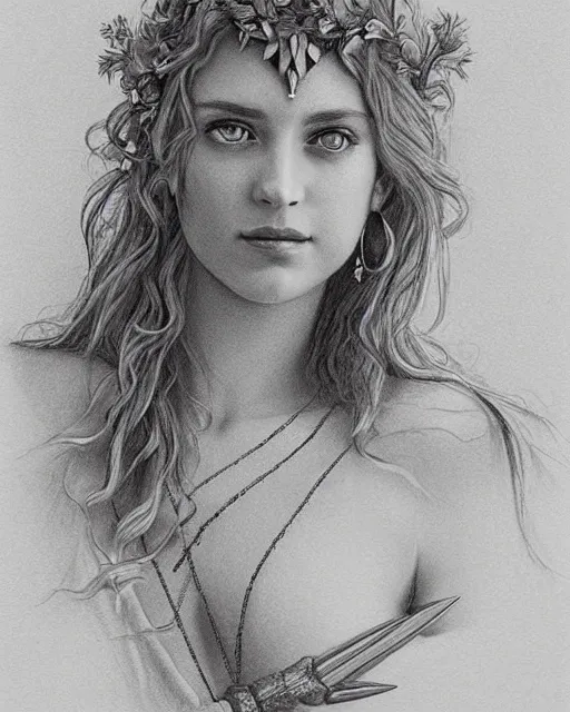 Prompt: pencil drawing of a beautiful greek goddess aphrodite wearing a laurel wreath and arrowhead earrings, beautiful confident eyes, beautiful flowing hair, hyper realistic face, in the style of greg rutkowski, fantasy, amazing detail, epic, elegant, smooth, sharp focus, from the front