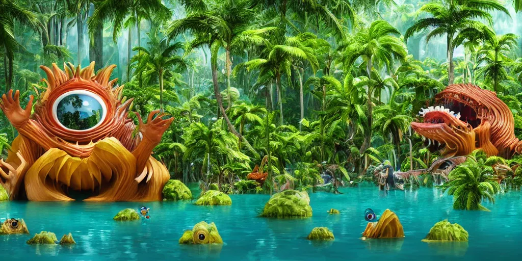 Image similar to of a tropical rainforest lake with strange cute friendly happy creatures with huge eyes, mouth, long tongue, round teeth and goofy face, appearing from the water, in the style of gehry and gaudi, macro lens, shallow depth of field, ultra detailed, digital painting, trending artstation, concept art, illustration, cinematic lighting, photorealism, epic, octane render