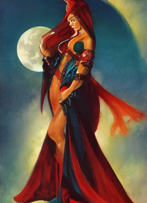 Image similar to portrait of plump norse goddess of the moon, teal robe and veil, strong line, deep color, beautiful! coherent! by frank frazetta, by boris vallejo