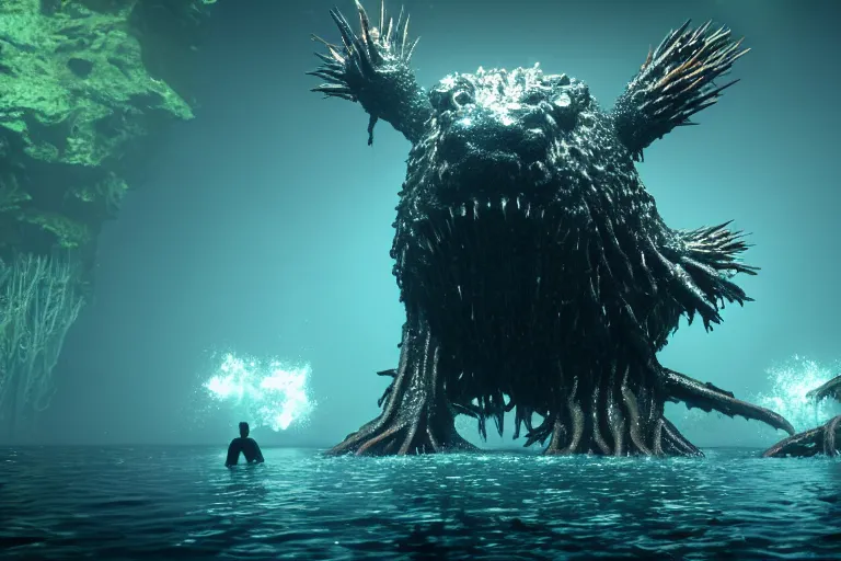 Image similar to huge bulky water creature made out of a humanoid nervous system with large meaty spikes all over the body, cinematic, volumetric lighting, f 8 aperture, cinematic eastman 5 3 8 4 film, photorealistic