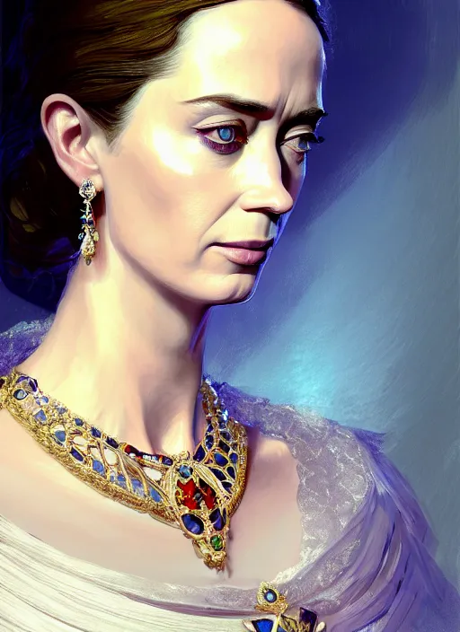 Image similar to portrait of emily blunt as queen, jewelry, greek, silk, sapphire, victorian age, 1 8 9 0, intricate, headshot, key visual, conceptart, ambient lighting, highly detailed, digital painting, artstation, concept art, sharp focus, by makoto shinkai and akihiko yoshida and greg manchess