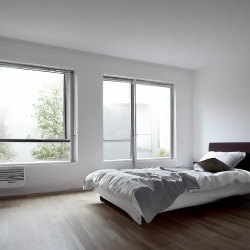 Prompt: Bedroom with Minimalistic Art on the walls, white furtniture, big windows with sunlight coming in