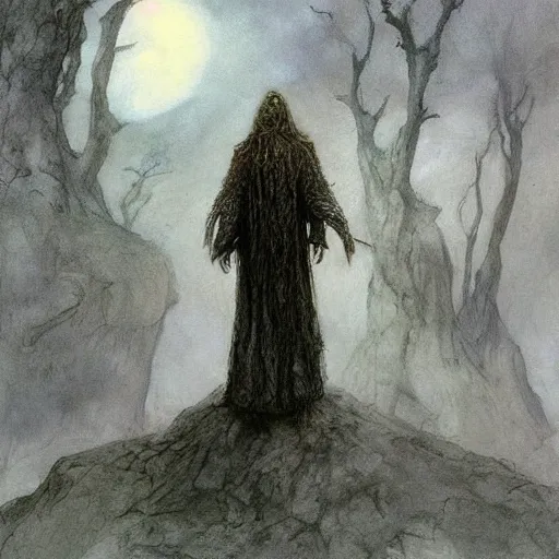 Image similar to painting in the style of artstation of a druid standing alone at the beginning of time by alan lee and brian froud