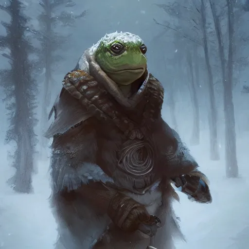 Image similar to anthropomorphic turtle humanoid, carapace, greg rutkowski, blizzard, winter, night, furs, fantasy