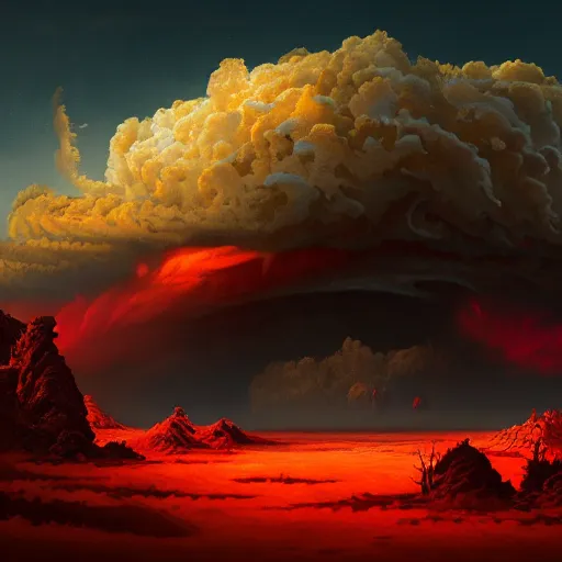 Prompt: ominous red cumulonimbus clouds, red sun, in style of Doom, insanely detailed and intricate, golden ratio, elegant, ornate, unfathomable horror, elite, ominous, haunting, matte painting, cinematic, Andreas Marschall, James jean, Noah Bradley, Darius Zawadzki, vivid and vibrant