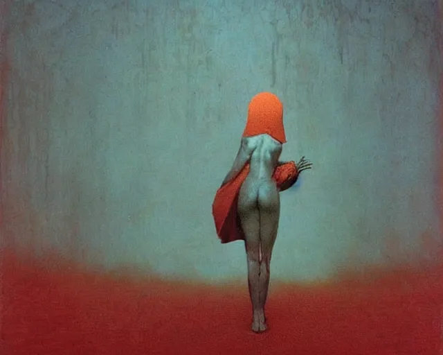 Image similar to by francis bacon, beksinski, mystical redscale photography evocative. devotion to the scarlet!!! woman!!!, priestess in a conical!!! hat, coronation, ritual, sacrament