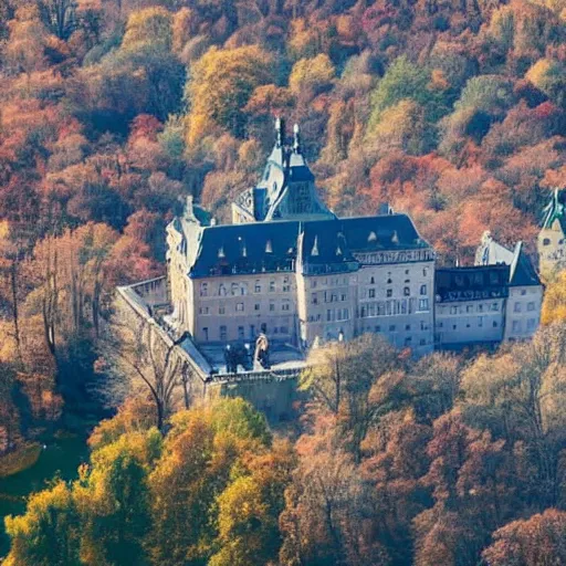 Prompt: austrian castle in central park, aerial view