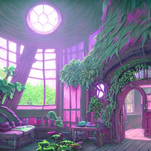 Image similar to concept art painting of a interior of a cozy alien fantasy cottage, with black vines and magenta houseplants, round windows, realistic, detailed, cel shaded, dark, in the style of makoto shinkai and greg rutkowski and james gurney