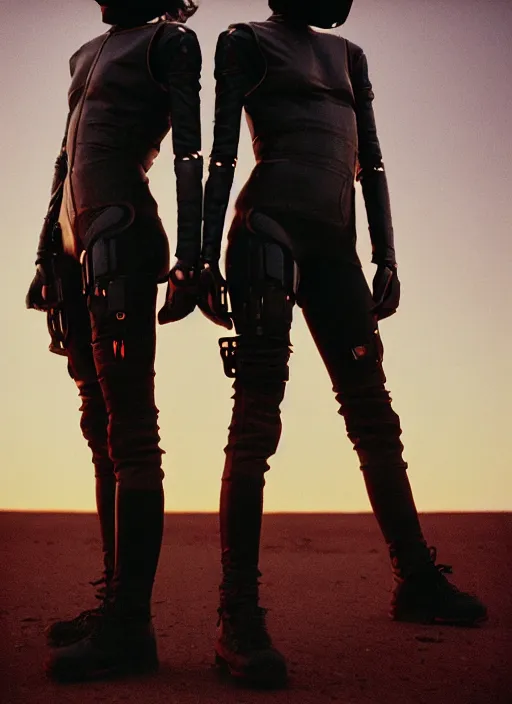 Image similar to cinestill 5 0 d photographic portrait of two loving female androids wearing rugged black techwear on a desolate plain with a red sky, extreme closeup, cyberpunk style, leather garters, dust storm, 8 k, hd, high resolution, 3 5 mm, f / 3 2, ultra realistic faces, ex machina