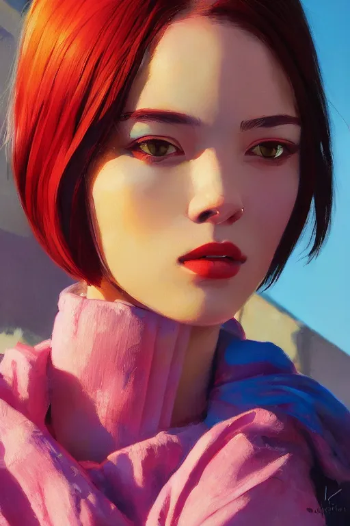 Image similar to A ultradetailed beautiful panting of a stylish woman looking at the camera, she has colorful stickers on her face, bright sunny day, Oil painting, by Ilya Kuvshinov, Greg Rutkowski and Makoto Shinkai