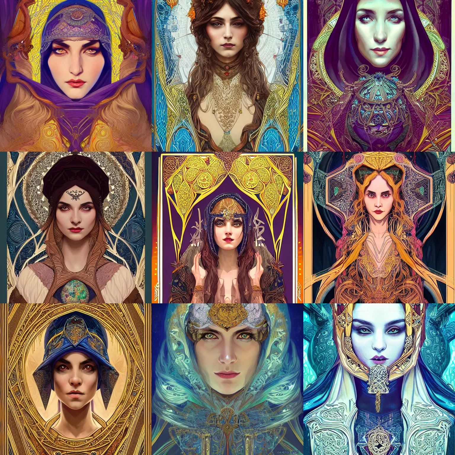 Image similar to head-on symmetrical centered painted portrait, Mais Hamdan as a D&D wizard, ornate robes, art nouveau, tarot card style, fantasy, intricate, elegant, highly detailed, smooth, sharp focus, illustration, artstation, in the style of Artgerm and Anna Podedworna and Alex Ross and Mucha