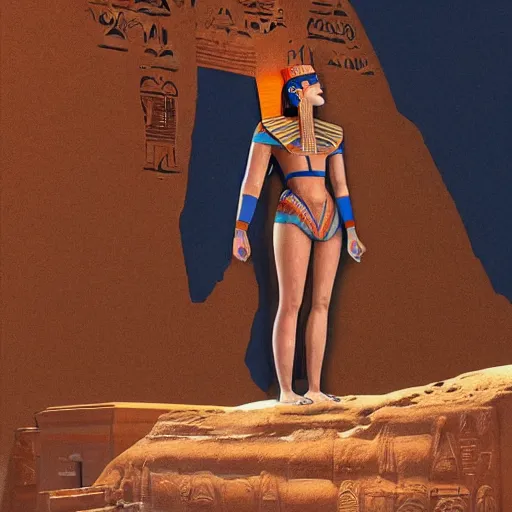 Prompt: a man slides in an ancient cave, egyptian style, when on the horizon it seems that he is about to fall into the abyss, but in front of him an egyptian figure appears, painted all in orange, she is very similar to nefertiti, she has no expression on her face, she is a divine being, megalophobia, digital art, synthwave