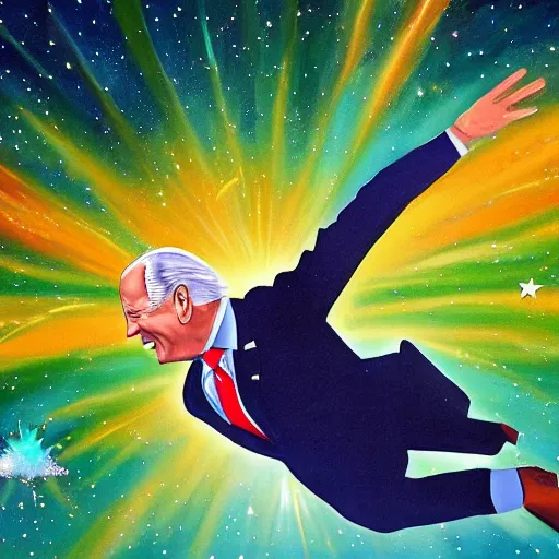 Prompt: a artistic photo of Joe Biden flying threw the cosmos, stunning painting