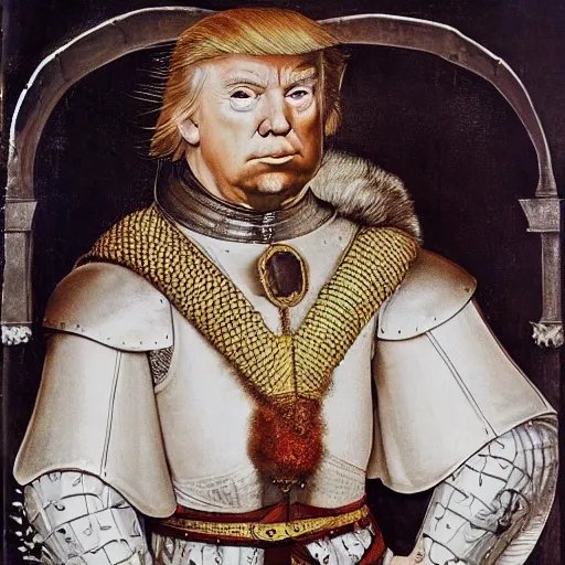 Image similar to donald trump wearing knights armor, donald trump holding a crazy broadsword, donald trump ’ s highly detailed face, by hans holbein