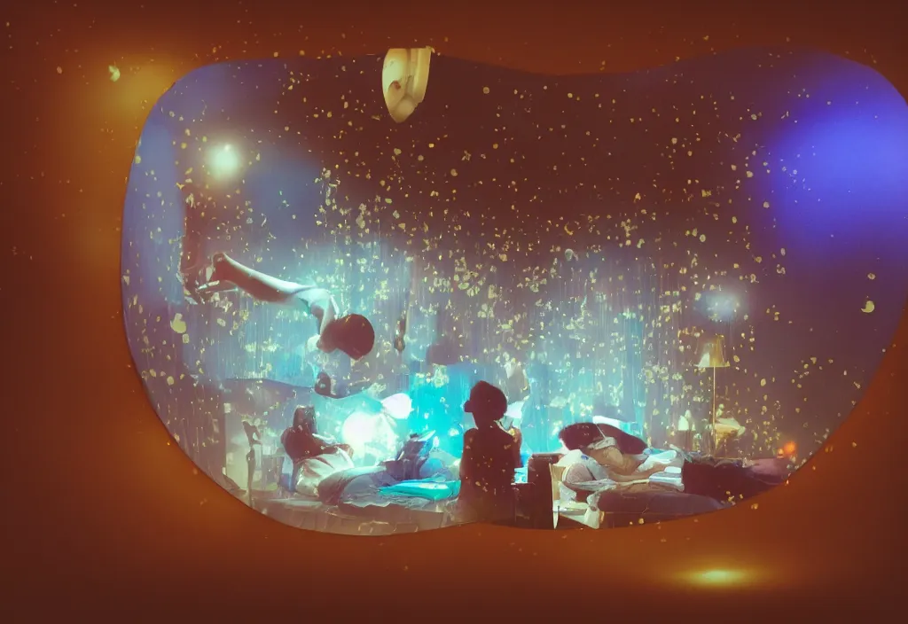 Image similar to 3 d floating people dream popping out of curved movie screen, volumetric lighting, bedroom, sleeping, pair of keycards on table, bokeh, big glowing fish, creterion collection, shot on 7 0 mm, instax