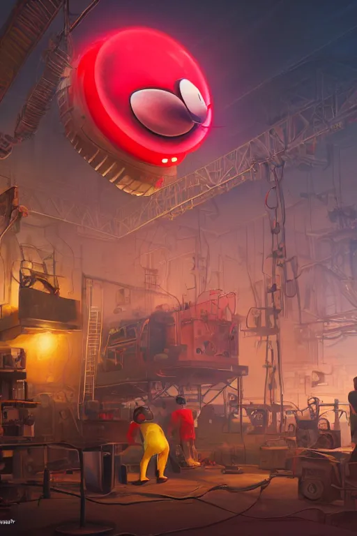 Image similar to workers / mechanic working on mickey mouse giant head, big red glowing netflix logo in behind wall, low cinematic lighting, front lit, beeple, cgsociety, unreal engine, octane render, trending on art station, highly detailed 4 k art, intricate, hyperr realistic