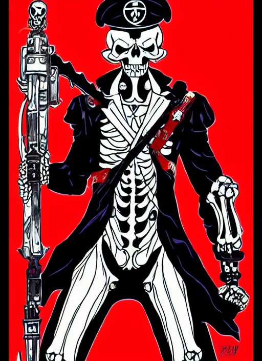 Prompt: shin megami tensei art of a demon that is a skeleton soviet!! soldier!! from 1 9 2 0 s wearing a budenovka!!! with a red star!!, art by kazuma kaneko, demonic! compedium!, law aligned, digital drawing, white background, very high quality, very highly detailed