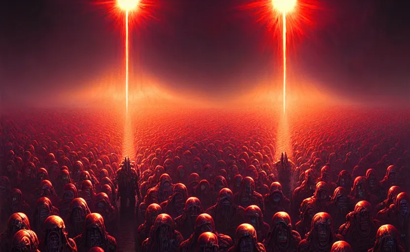 Image similar to cyborg army invading hell by dan mumford and zdzisław beksinski, fine details, digital art, volumetric lighting, cinematic light, photorealistic