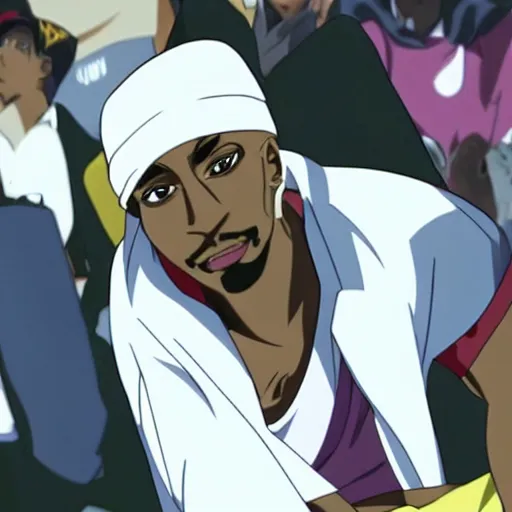 Image similar to Tupac Shakur, screenshot from a 2012s anime