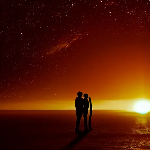 Prompt: silhouette of a gay couple looking at the sunrise from space