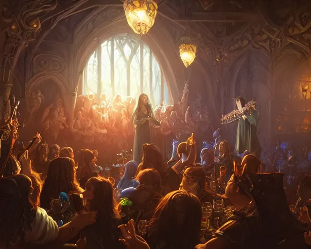 Image similar to photography of blind guardian playing a tavern concert, 8 k, deep focus, d & d, fantasy, intricate, elegant, highly detailed, digital painting, artstation, concept art, matte, sharp focus, illustration, hearthstone, art by artgerm and greg rutkowski and alphonse mucha