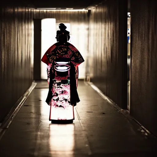 Prompt: a dark, back lit, silhouette of a mechanised cyber geisha, beautiful, detailed intricate traditional clothing, neon light halo, standing in font of a dark corridor,