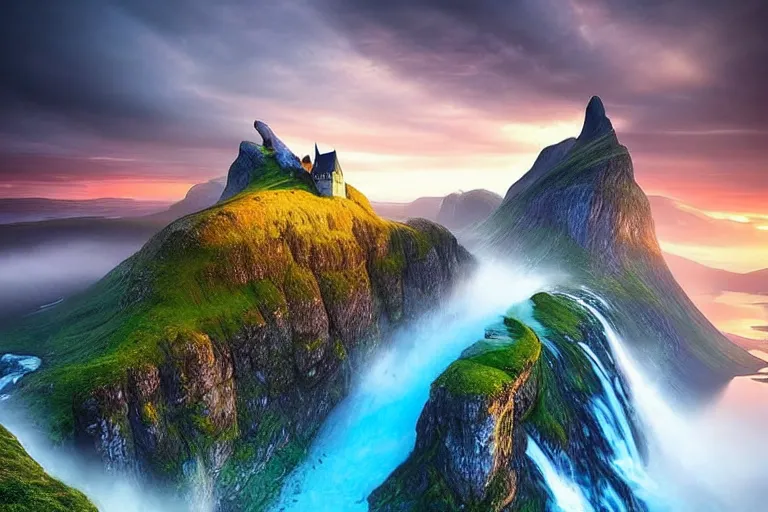 Image similar to Gediminas Pranckevicius amazing landscape photo of mountains of Norway with lake and castle on top of a waterfall with infinite view at sunset by marc adamus beautiful dramatic lighting ,