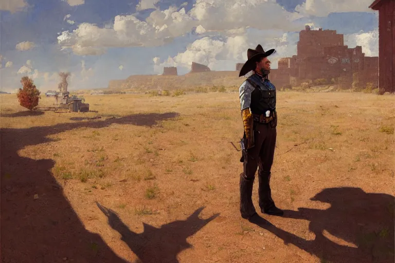 Prompt: Sheriff's office at wild west portrait of sheriff man standing outside, sunny day, digital art by Nerdrum John, William Waterhouse, Winslow Homer, Alex Heywood, Jordan Grimmer, Darren Quach, Greg Rutkowski, Simon Stalenhag, trending on Artstation, CGSociety