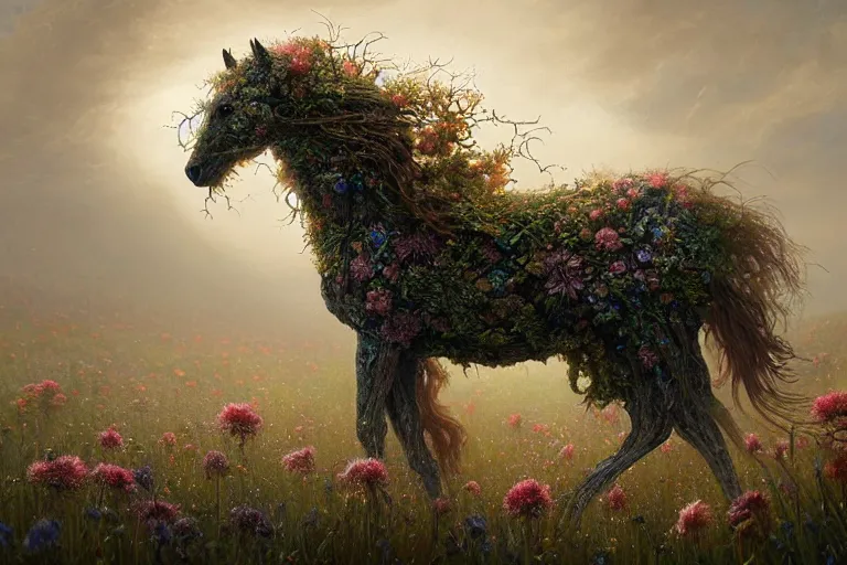 Image similar to a stunning digital painting of a horse made of intricately engraved gnarled wood with a mane of bioluminescent flowers standing in a field of flowers by greg rutkowski, flowercore, volumetric light, digital art, fine detail, photorealistic