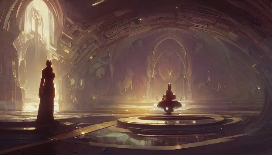 Prompt: a religious scifi room with a floating platform in the center and elegant, cinematic shot, intricate digital painting artstation concept art smooth sharp focus illustration, art by artgerm and greg rutkowski and alphonse mucha