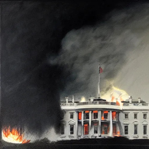 Prompt: white house burning down during a communist uprising, volumetric light, glare, oil in canvas,