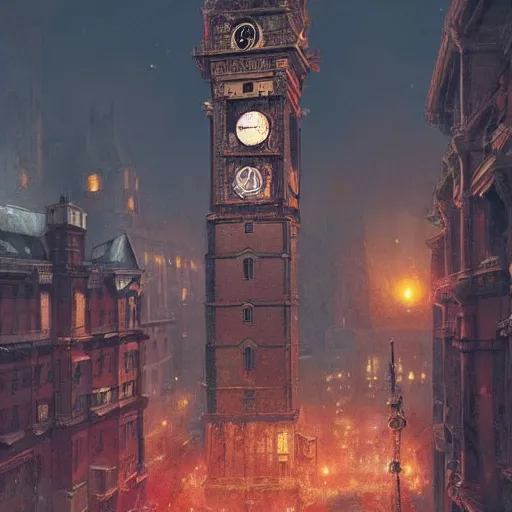 Image similar to A hyper detailed painting of an abandoned victorian era city at night, red moonlight shining on it from above, dark fantasy, an abandoned clock tower in the middle of the city, by Greg Rutkowski, trending on artstation