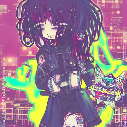 Image similar to view drawing full body!! t pose!! portrait of a grungy skull anime and chibi very cute doll by super ss, cyberpunk fashion, nendoroid, kawaii, curly pink hair, night sky, looking up, swirly clouds, neon yellow stars, by wlop, james jean, victo ngai, muted colors, highly detailed