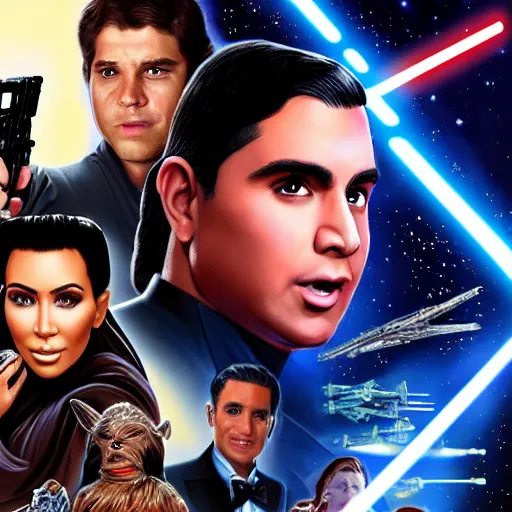 Image similar to super detailed star wars movie poster with ben shapiro, snooki and kim kardashian, 8k full HD photo, cinematic lighting, anatomically correct, oscar award winning, action filled, correct eye placement,