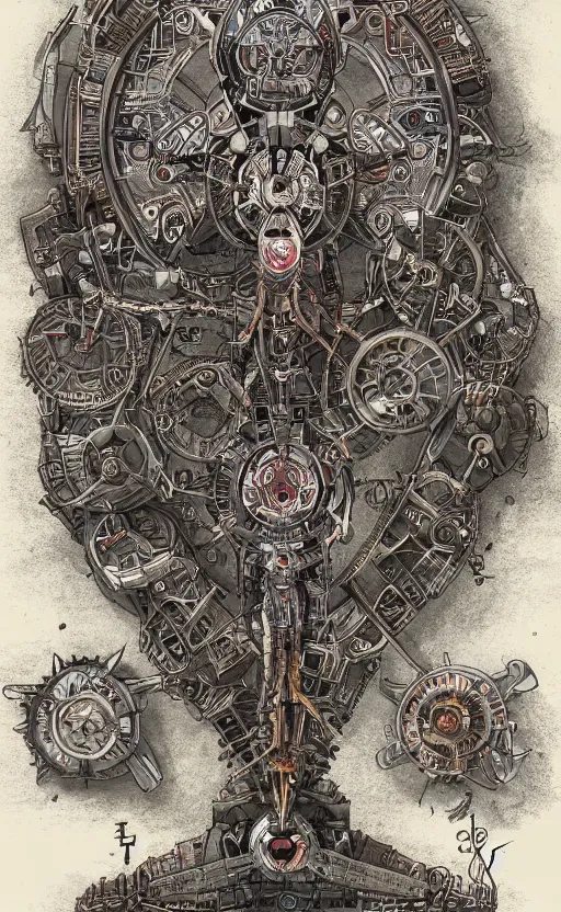 Image similar to anatomy of the vitruvian terminator, robot, cyborg, t 1 0 0, bloodborne diagrams, mystical, intricate ornamental tower floral flourishes, rule of thirds, technology meets fantasy, map, infographic, concept art, art station, style of wes anderson