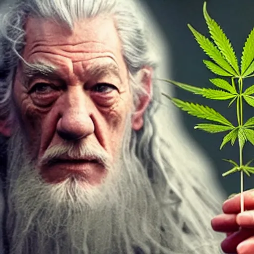 Image similar to Ian McKellen as gandalf holding a marijuana plant, photorealistic, detailed face, cinematic